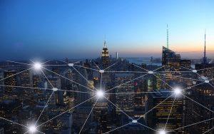 Cityscape with network nodes overlay.