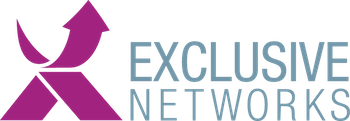 Logo design of Exclusive Networks. It has an arrow in magenta on the left and the words "Exclusive Networks" on the right in light gray text.