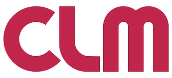 "clm" logo. Maroon letters and white background.